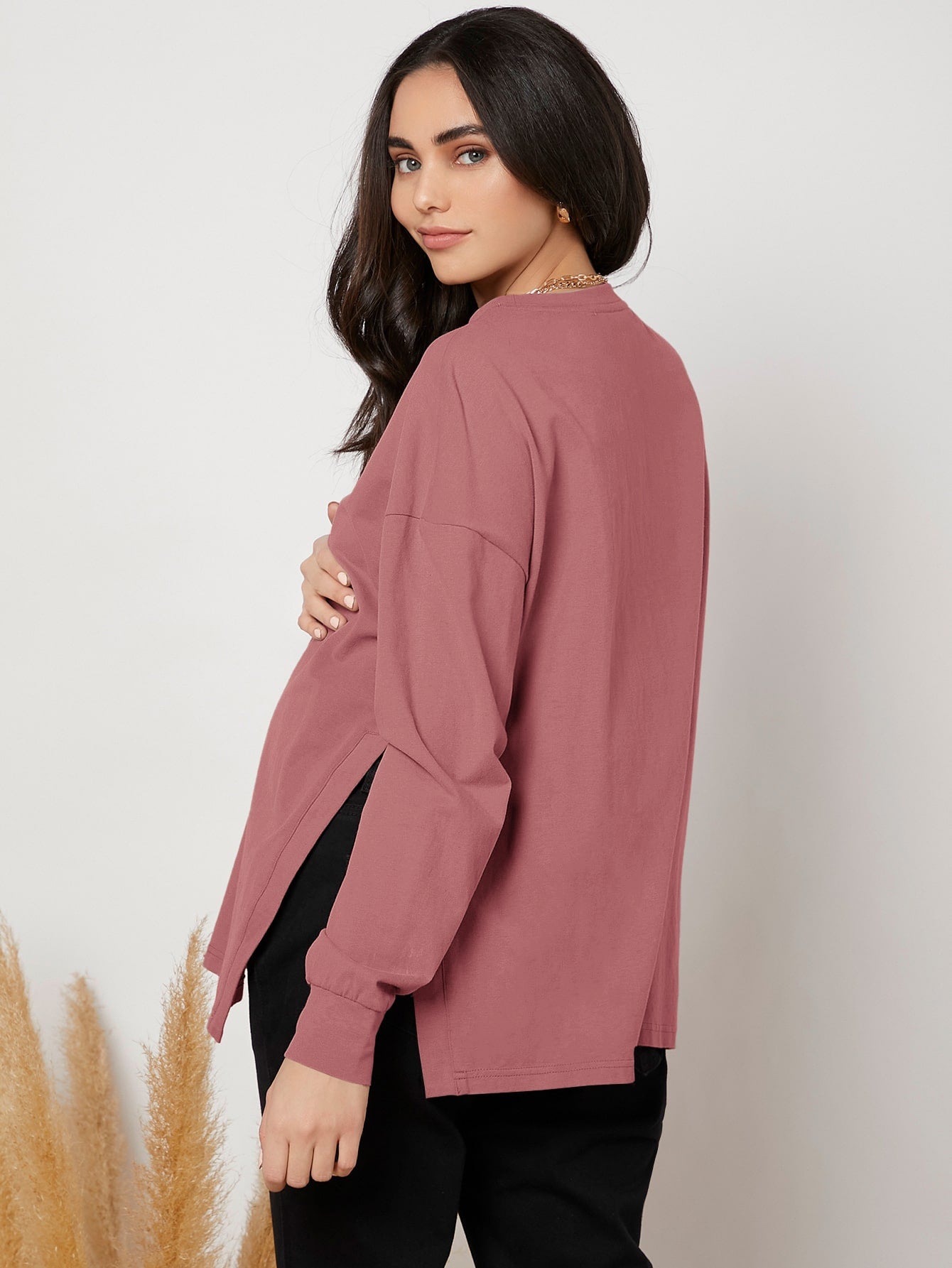 MaterniWear Maternity Drop Shoulder Slit Hem, Slit Hem Tee