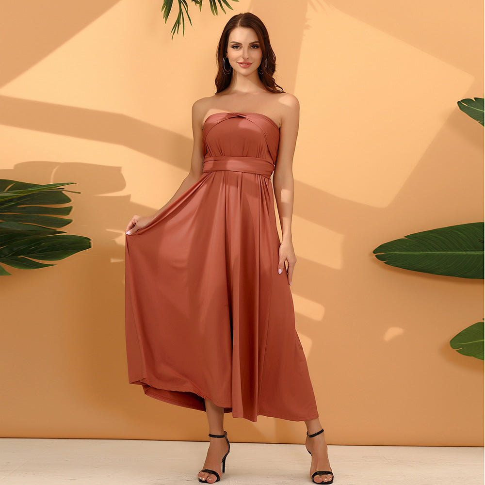 A-line One Shoulder V-Neck Halter Floor-Length Mesh Bridesmaid Dress