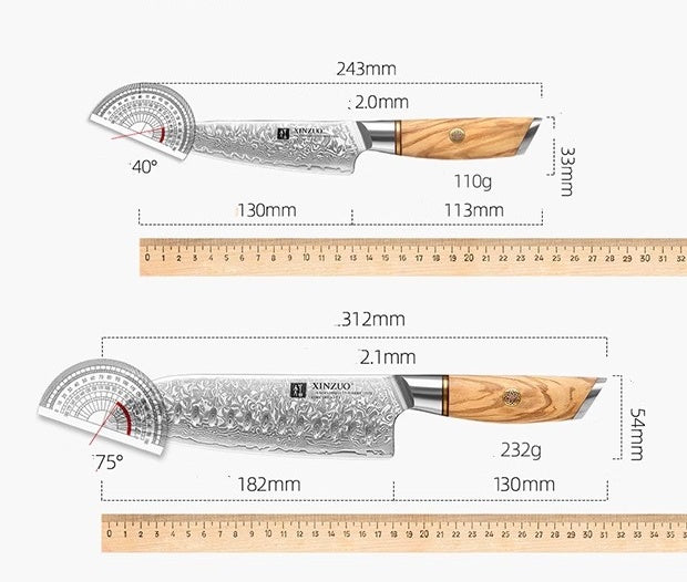 73 Layer Damascus Steel Knife Set with Olive Wood Handle
