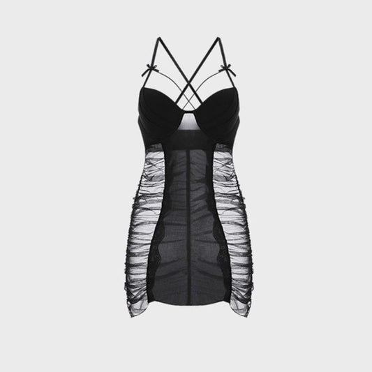 Push-Up Padded Bodycon Slip Dress - Sheer Ruffle Trim Lingerie