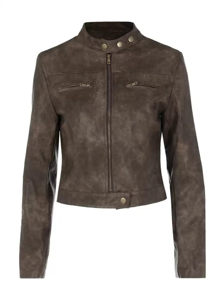 Vintage Brown Cropped PU Jacket