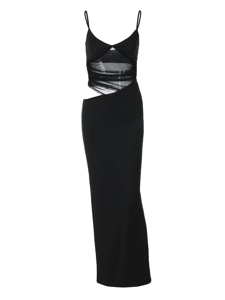 Black Mesh Panel Bodycon Dress with High Slit