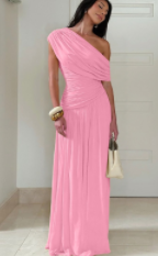 Asymmetric One-Shoulder Pleated Maxi Dress