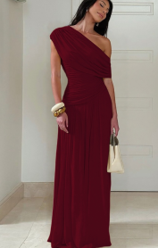 Asymmetric One-Shoulder Pleated Maxi Dress