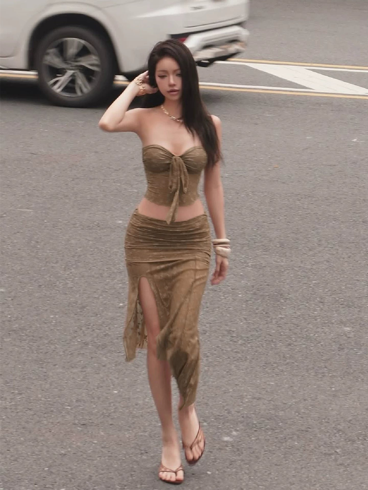 Lace & Floral Bustier Top with High-Slit Skirt Set