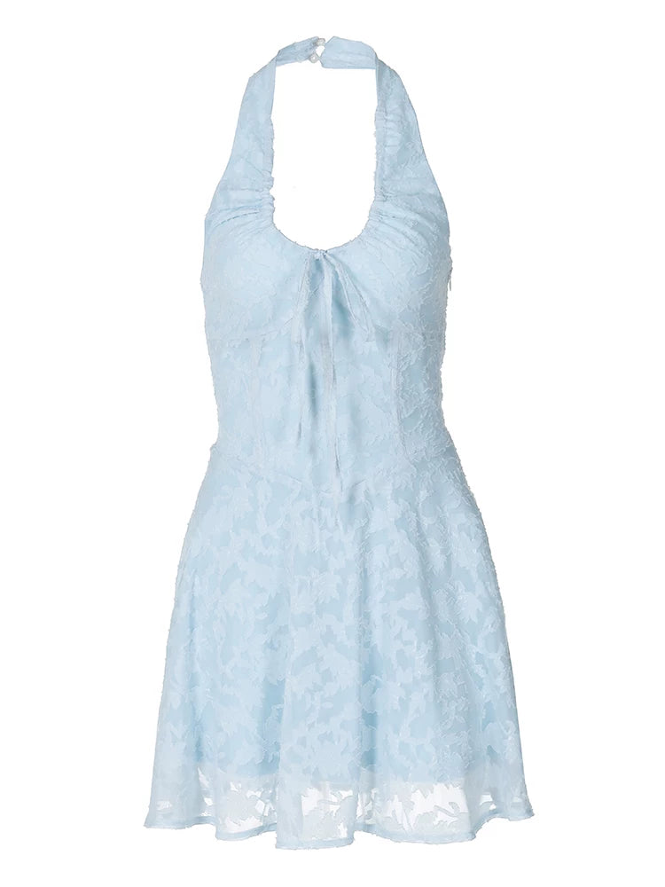 Sky Blue Slim-Fit Halter Neck A-Line Dress