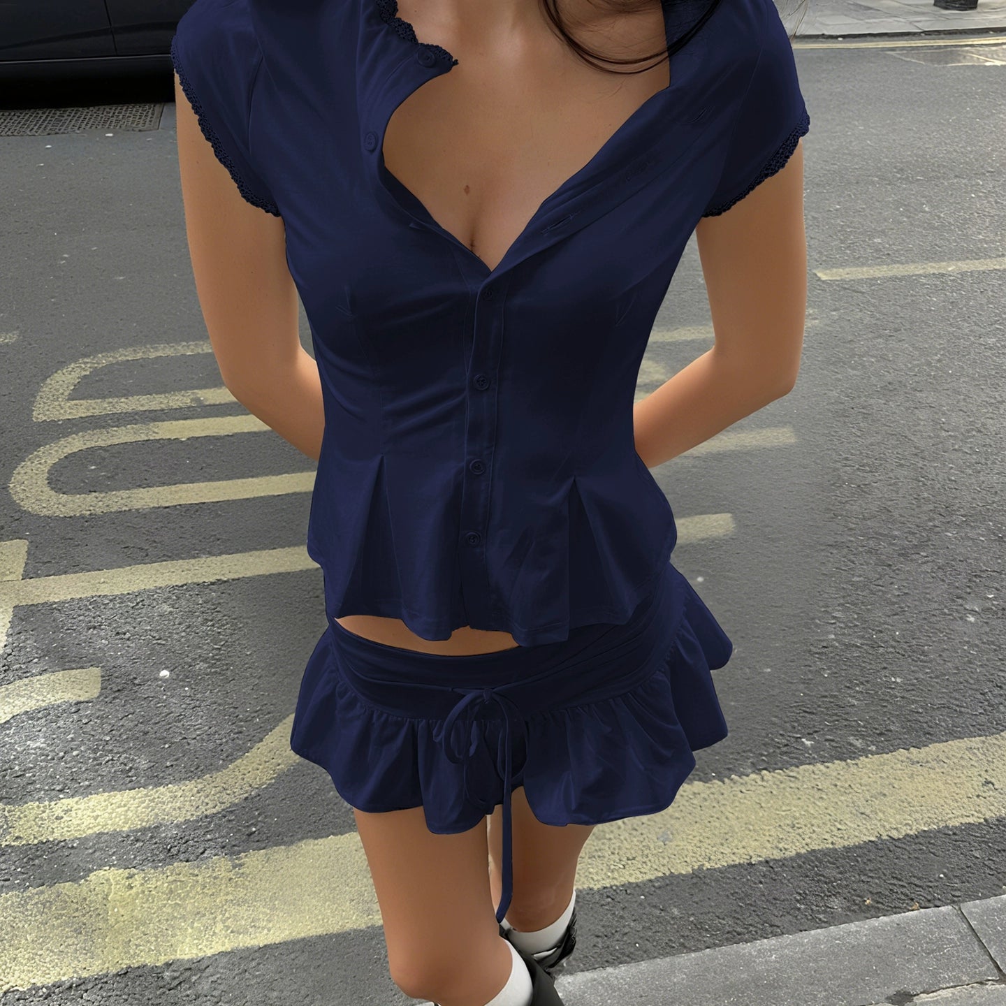 White Lace Top & Drawstring Shorts Set