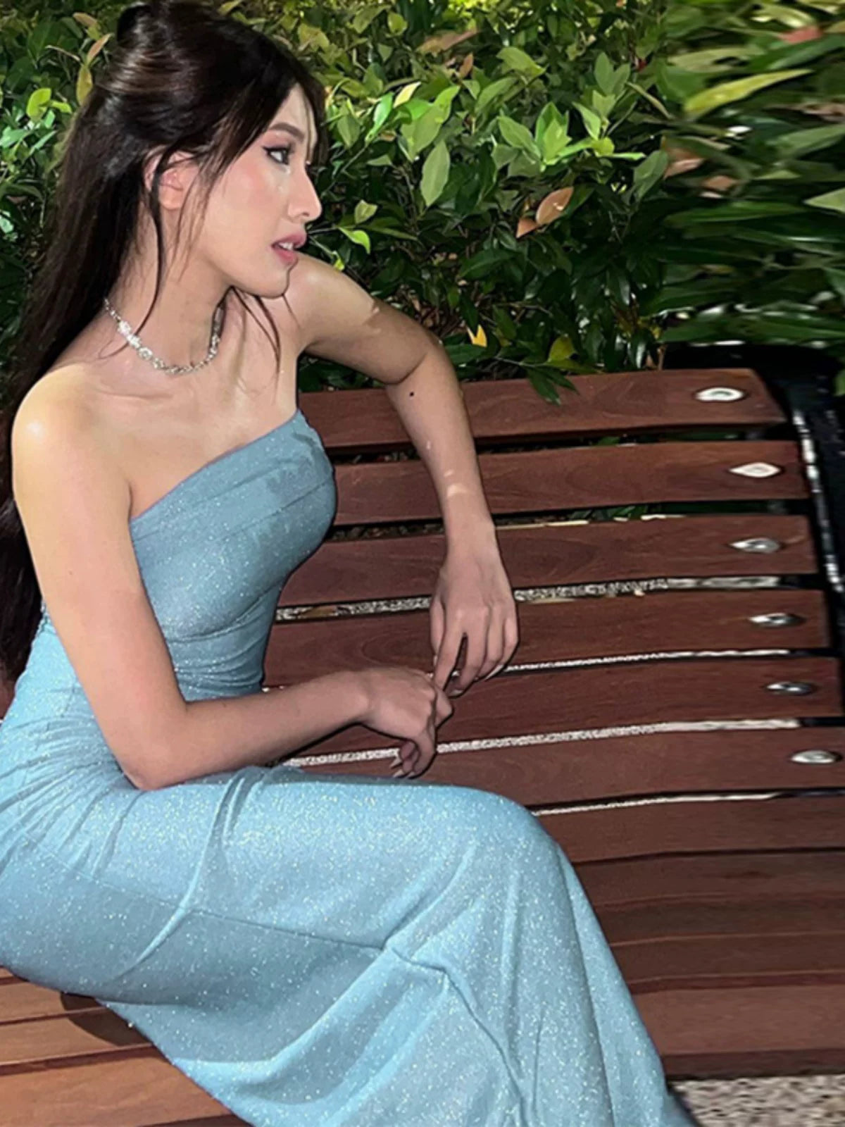 Slimming Shiny Blue Strapless Mermaid Dress