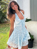 Sky Blue Slim-Fit Halter Neck A-Line Dress