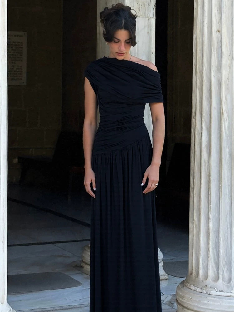 Asymmetric One-Shoulder Pleated Maxi Dress