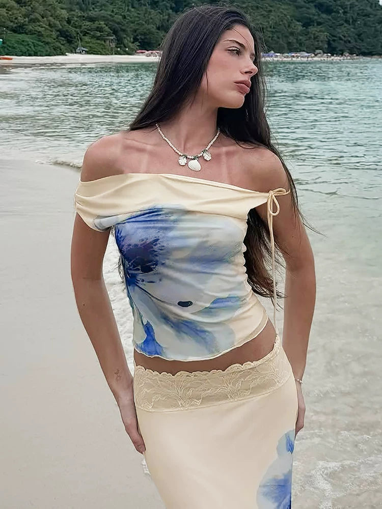 Floral One-Shoulder Top and Ruffled Skirt Set