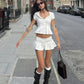 White Lace Top & Drawstring Shorts Set