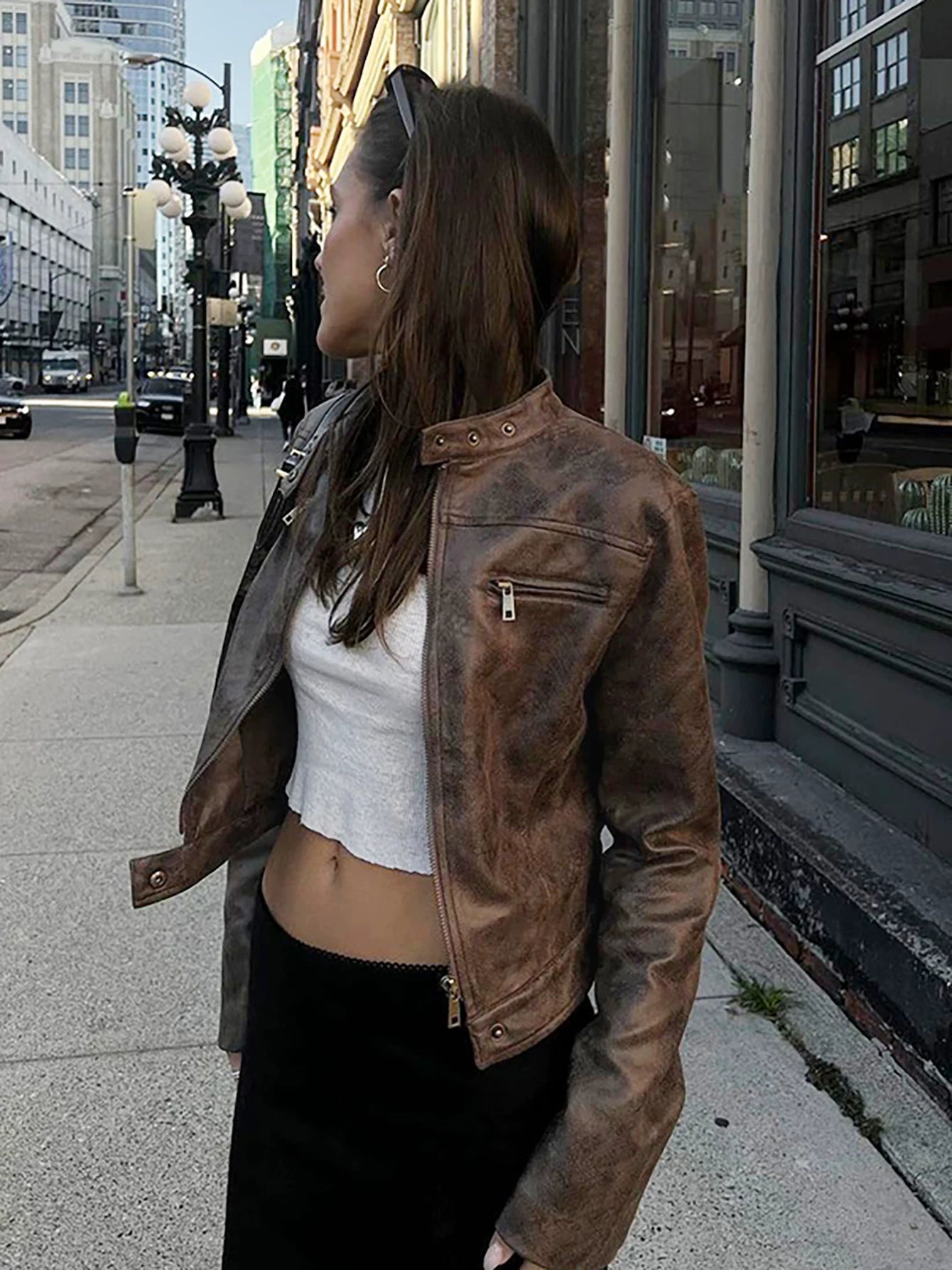Vintage Brown Cropped PU Jacket
