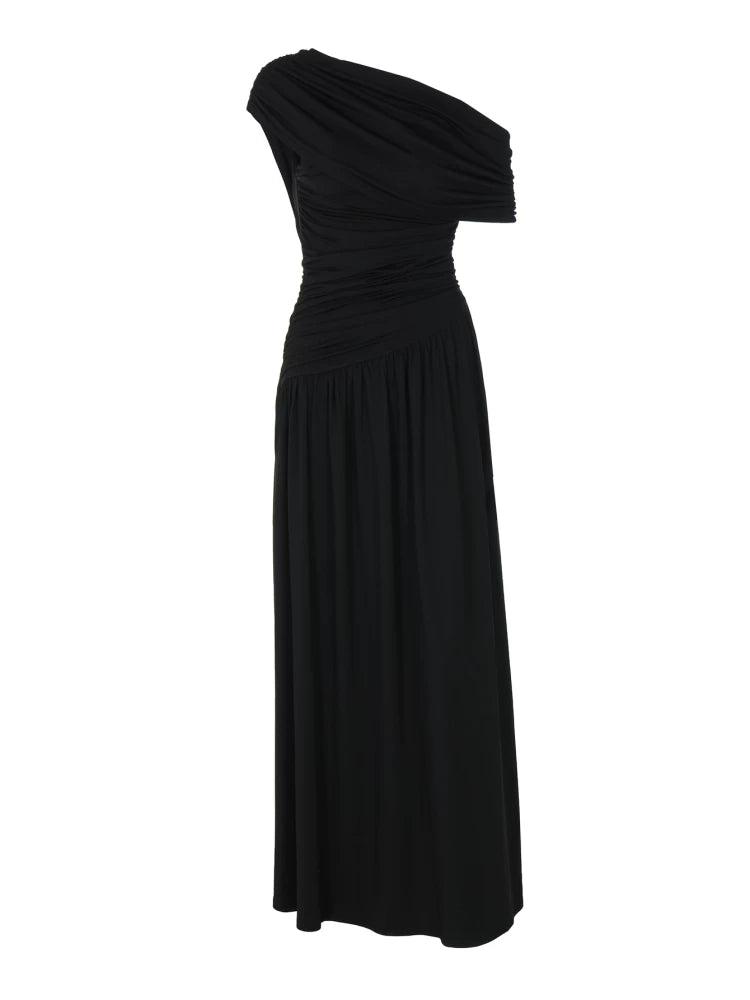 Asymmetric One-Shoulder Pleated Maxi Dress
