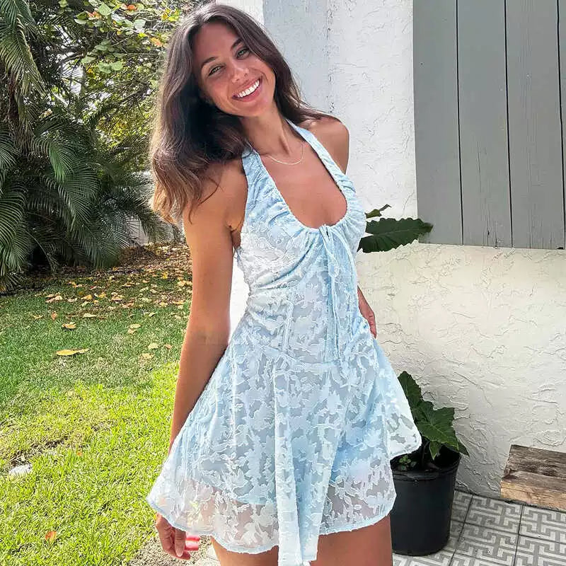 Sky Blue Slim-Fit Halter Neck A-Line Dress