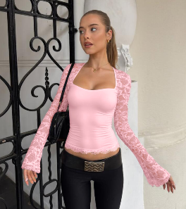 Lace & Mesh Long Sleeve Crop Top