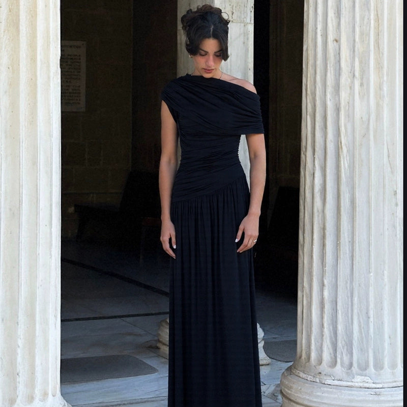 Asymmetric One-Shoulder Pleated Maxi Dress
