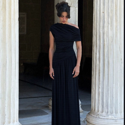 Asymmetric One-Shoulder Pleated Maxi Dress