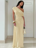 Asymmetric One-Shoulder Pleated Maxi Dress