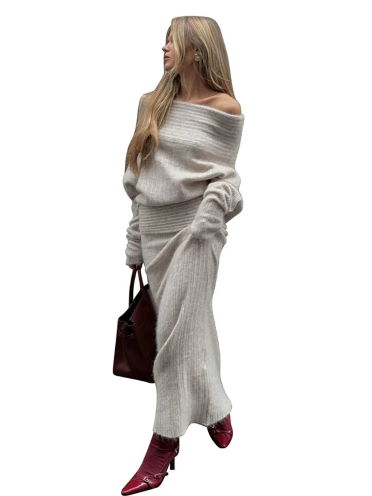 One-Shoulder Sweater & Fishtail Skirt Two-Piece Set
