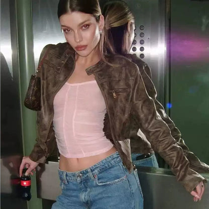 Vintage Brown Cropped PU Jacket