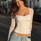 Lace & Mesh Long Sleeve Crop Top