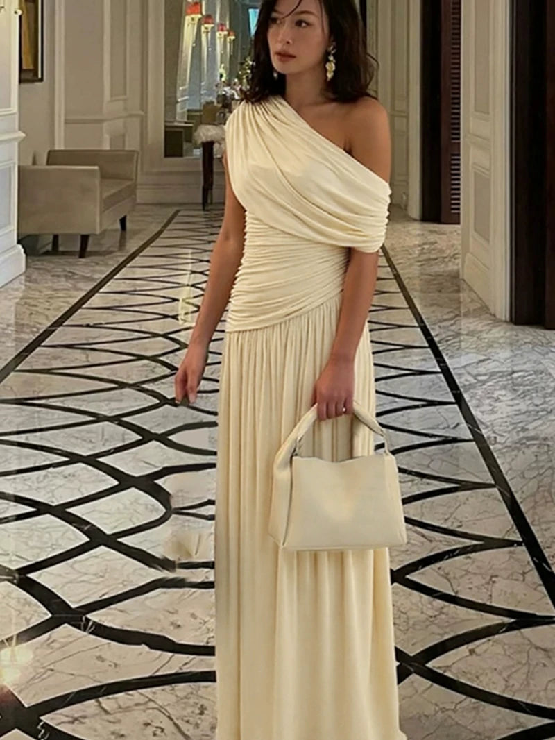 Asymmetric One-Shoulder Pleated Maxi Dress