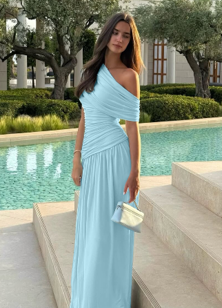 Asymmetric One-Shoulder Pleated Maxi Dress