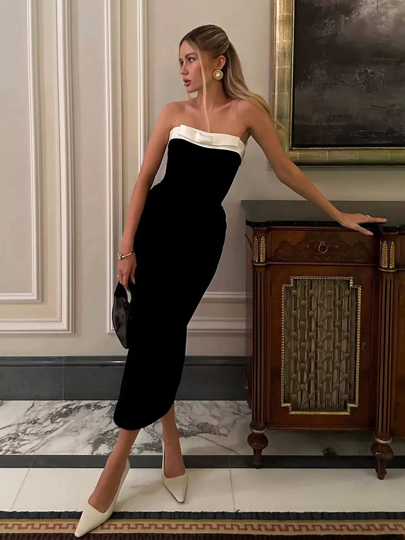 Color-Block Bow Bustier Bodycon Dress