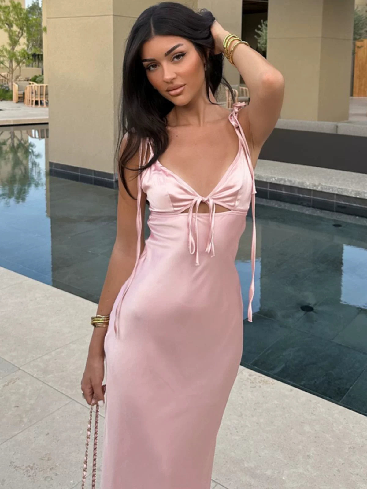 Slim Fit Satin Slip Dress with Lace Cut-out Details