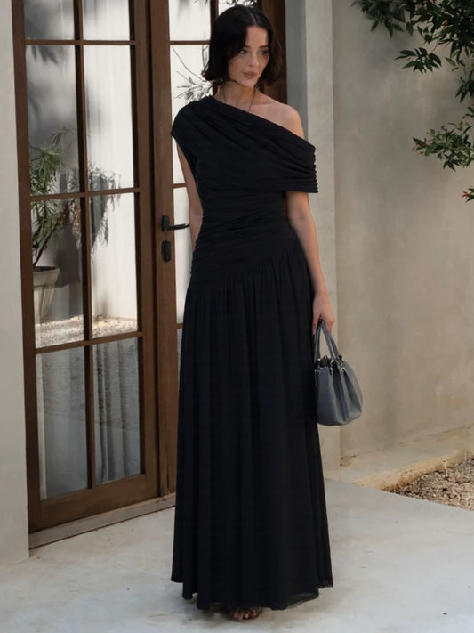 Asymmetric One-Shoulder Pleated Maxi Dress
