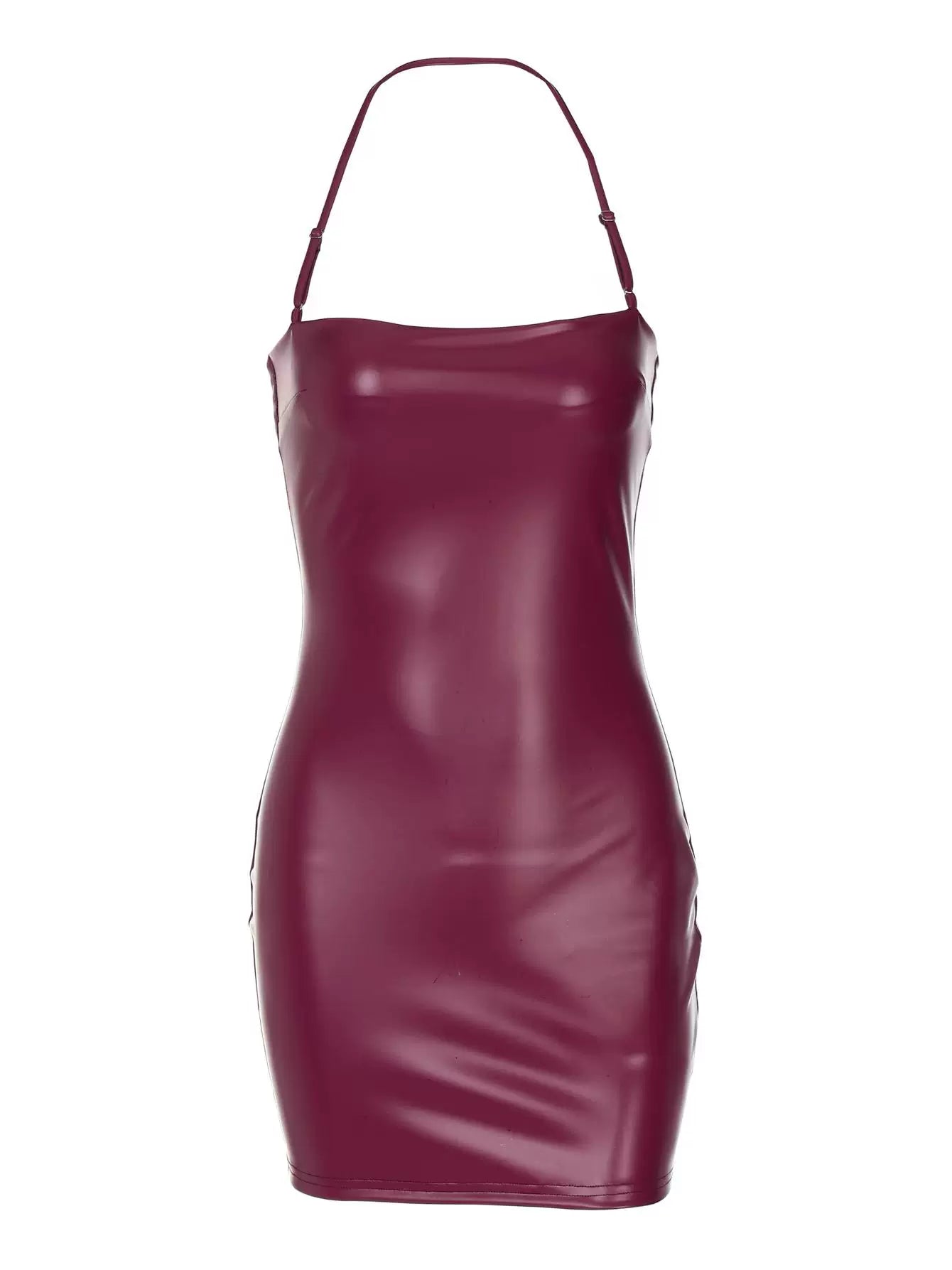 Solid Color Halter Neck PU Leather Bodycon Dress