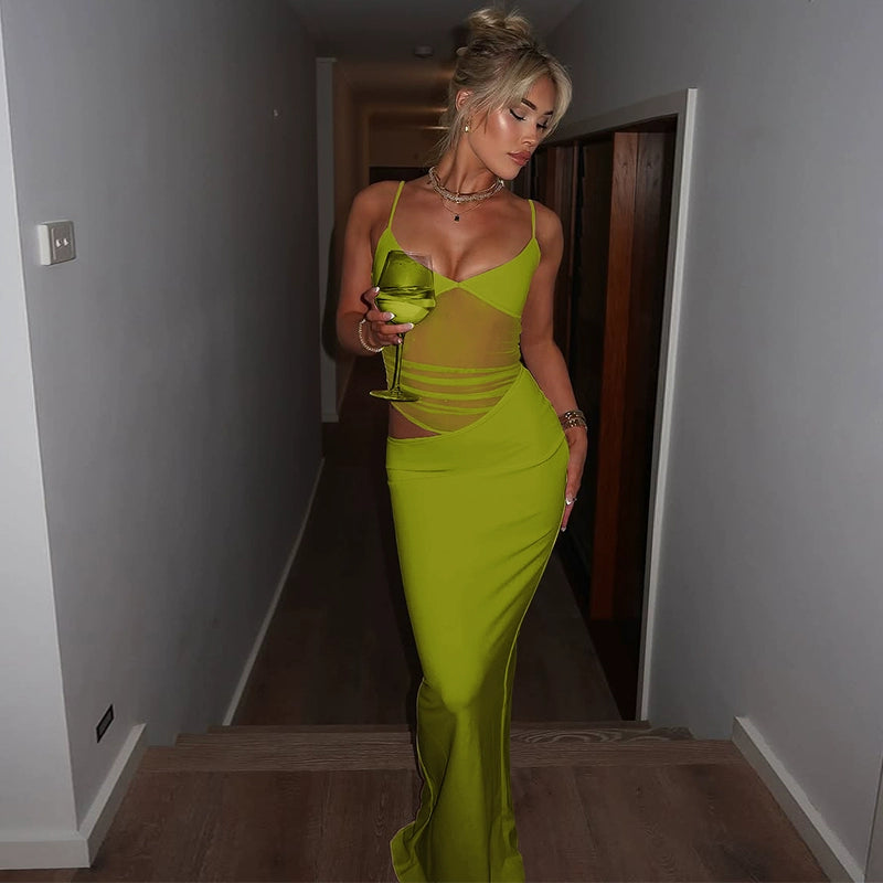 Black Mesh Panel Bodycon Dress with High Slit