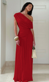Asymmetric One-Shoulder Pleated Maxi Dress
