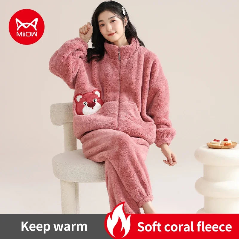 Flannel Winter Women's Pajamas Set Warm Coral Fleece Zipper Ladies Loungewear Cute Bunny Girl Sleepwear Loose Home Suits