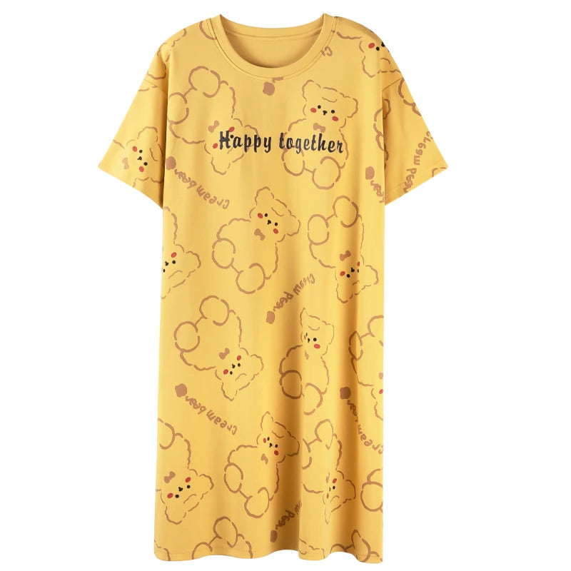 Cotton Women Nightgown Korean Style Cute Printed Girls Night Dress Summer Short Sleeve Homewear Womens Sleepwear Dresses