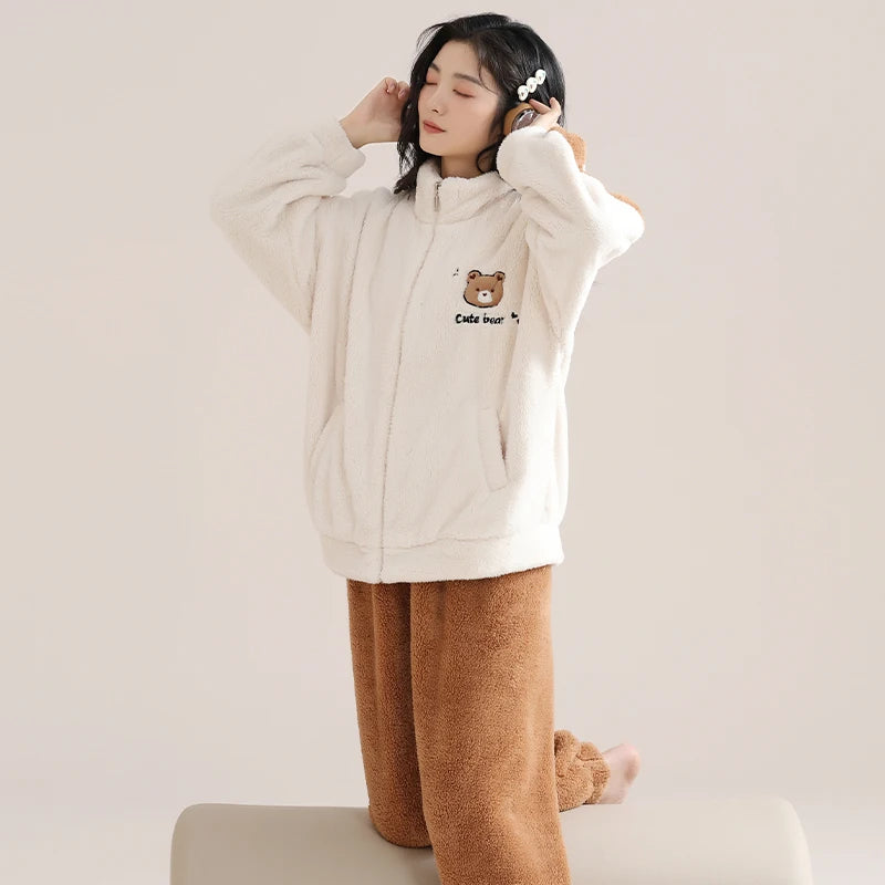 Winter Zipper Women Pajamas Set Flannel Warm Sleepwear Thicken Soft Coral Fleece Loungewear Cute Cartoon Bear Girl Pyjamas