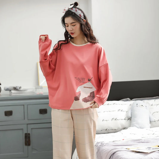 Cute Pajamas for Women Warm Winter Cartoon Prints Pajama Sets Fashion Loose Sleepwear Homewear Long Sleeve Clothes