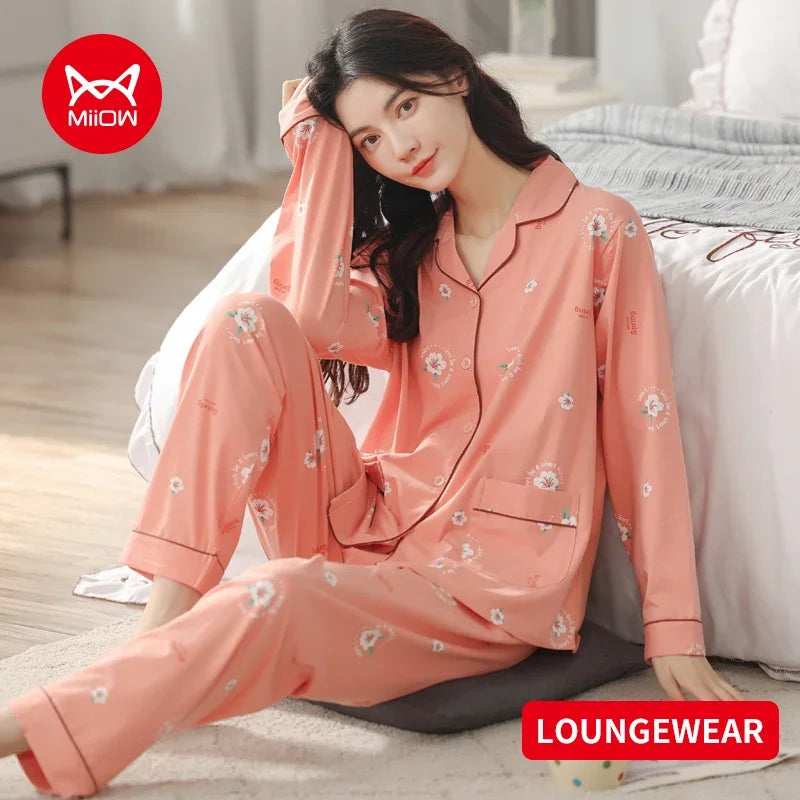 Winter Women's Pajamas Set Cotton Loungewear Female Sexy Orange Ladies Turn-down Collar Sleepwear Loose Long-sleeve Pajama