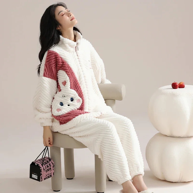 Flannel Winter Women's Pajamas Set Warm Coral Fleece Zipper Ladies Loungewear Cute Bunny Girl Sleepwear Loose Home Suits