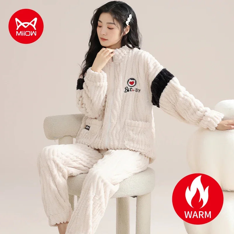Winter Flannel Warm Women's Pajamas Set Pink Zipper Long-sleeves Sleepwear Thicken Coral Fleece Loungewear Female Pajamas