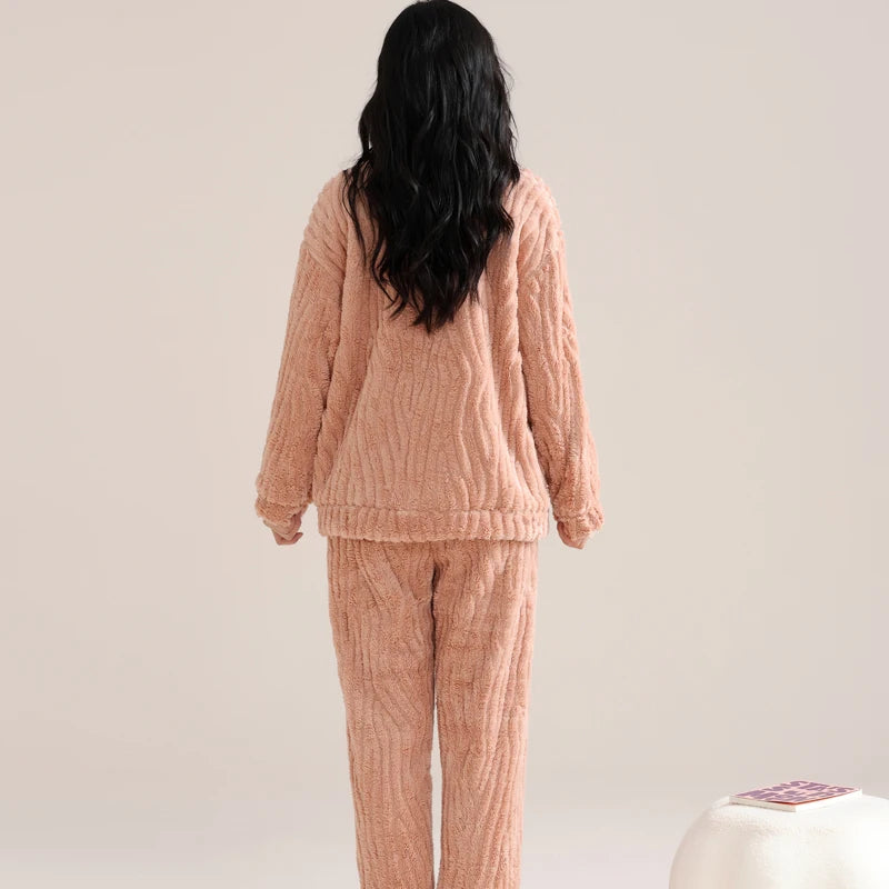 Winter Flannel Warm Women's Pajamas Set Pink Zipper Long-sleeves Sleepwear Thicken Coral Fleece Loungewear Female Pajamas