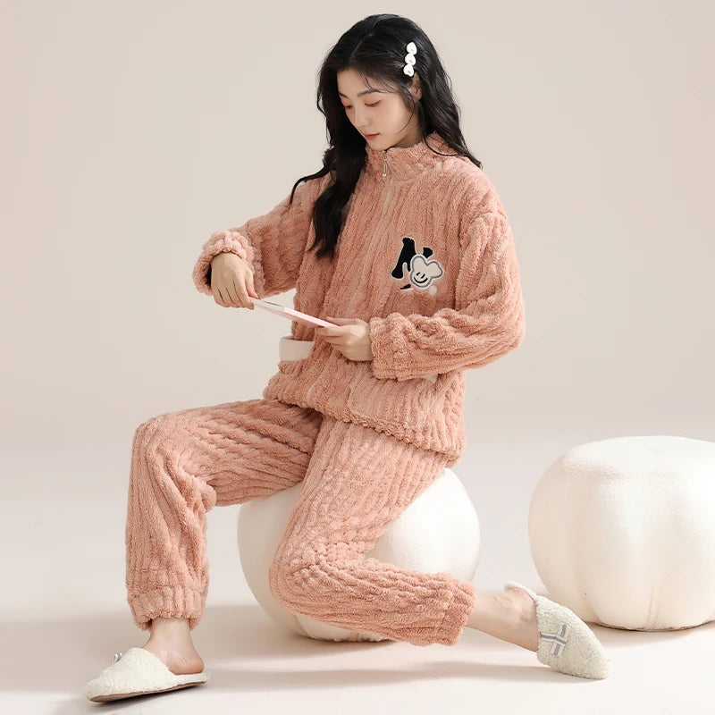 Winter Flannel Warm Women's Pajamas Set Pink Zipper Long-sleeves Sleepwear Thicken Coral Fleece Loungewear Female Pajamas