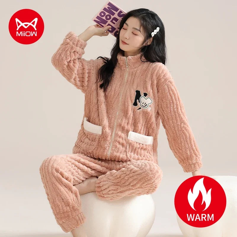 Winter Flannel Warm Women's Pajamas Set Pink Zipper Long-sleeves Sleepwear Thicken Coral Fleece Loungewear Female Pajamas