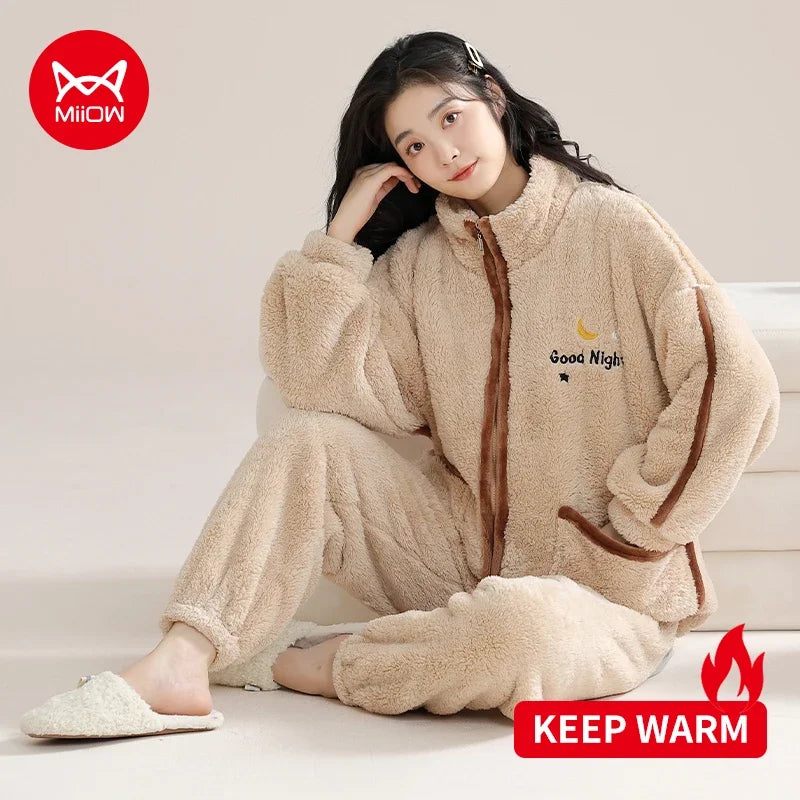 Winter Zipper Women Pajamas Set Flannel Warm Sleepwear Thicken Soft Coral Fleece Loungewear Cute Cartoon Bear Girl Pyjamas