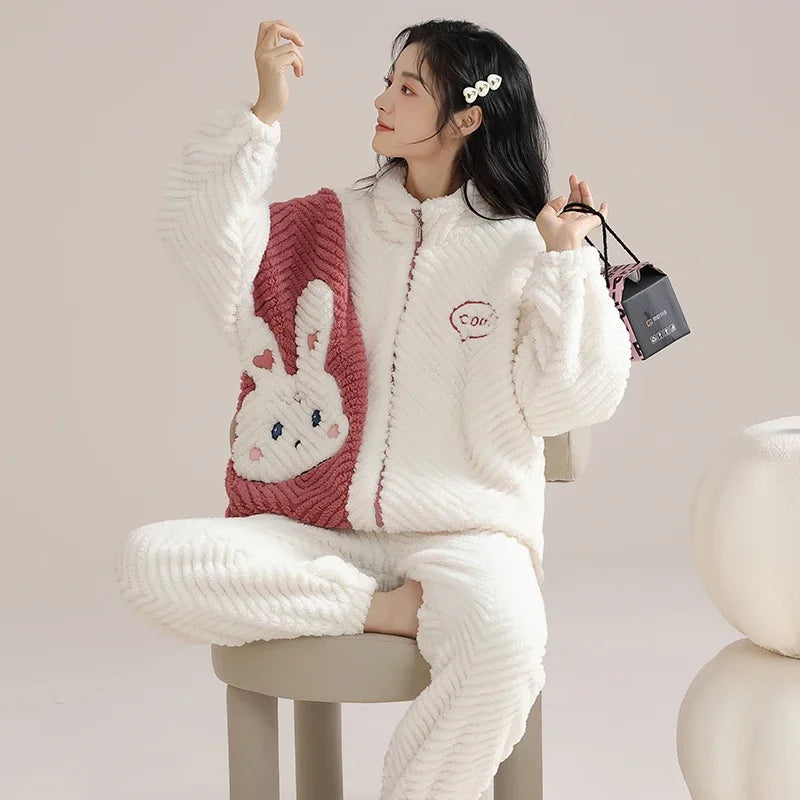 Flannel Winter Women's Pajamas Set Warm Coral Fleece Zipper Ladies Loungewear Cute Bunny Girl Sleepwear Loose Home Suits