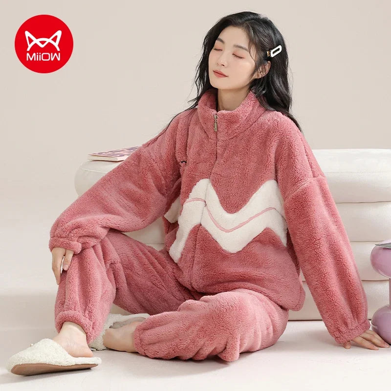 Winter Zipper Women Pajamas Set Flannel Warm Sleepwear Thicken Soft Coral Fleece Loungewear Cute Cartoon Bear Girl Pyjamas