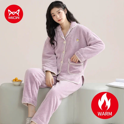 Winter Zipper Women Pajamas Set Flannel Warm Sleepwear Thicken Soft Coral Fleece Loungewear Cute Cartoon Bear Girl Pyjamas