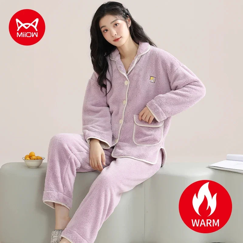 Flannel Winter Women's Pajamas Set Warm Coral Fleece Zipper Ladies Loungewear Cute Bunny Girl Sleepwear Loose Home Suits