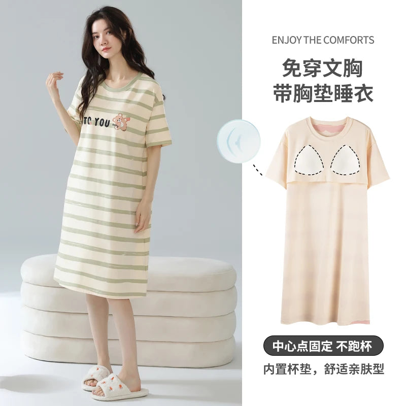 Cotton Women Nightgown Korean Style Cute Printed Girls Night Dress Summer Short Sleeve Homewear Womens Sleepwear Dresses